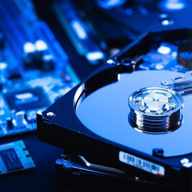 Open hard drive platter beside circuit board